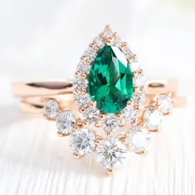 Tiara Halo Pear Ring Bridal Set w/ Emerald and Large 7 Diamond U Band