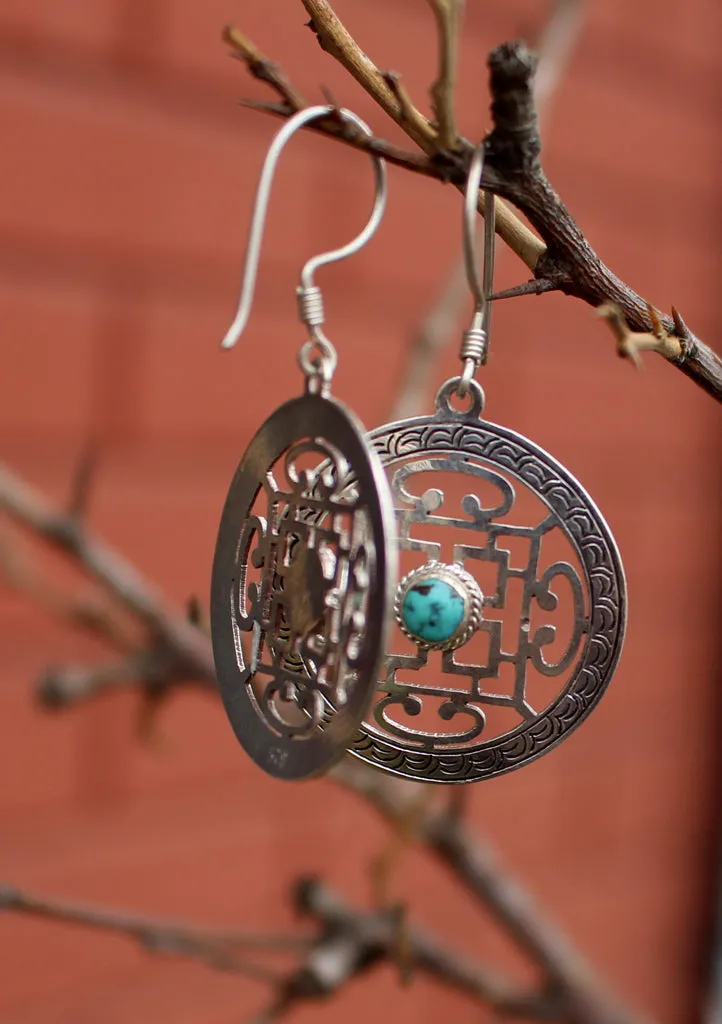 Tibetan Mandala Inlaid Turquoise Silver Sterling Earrings