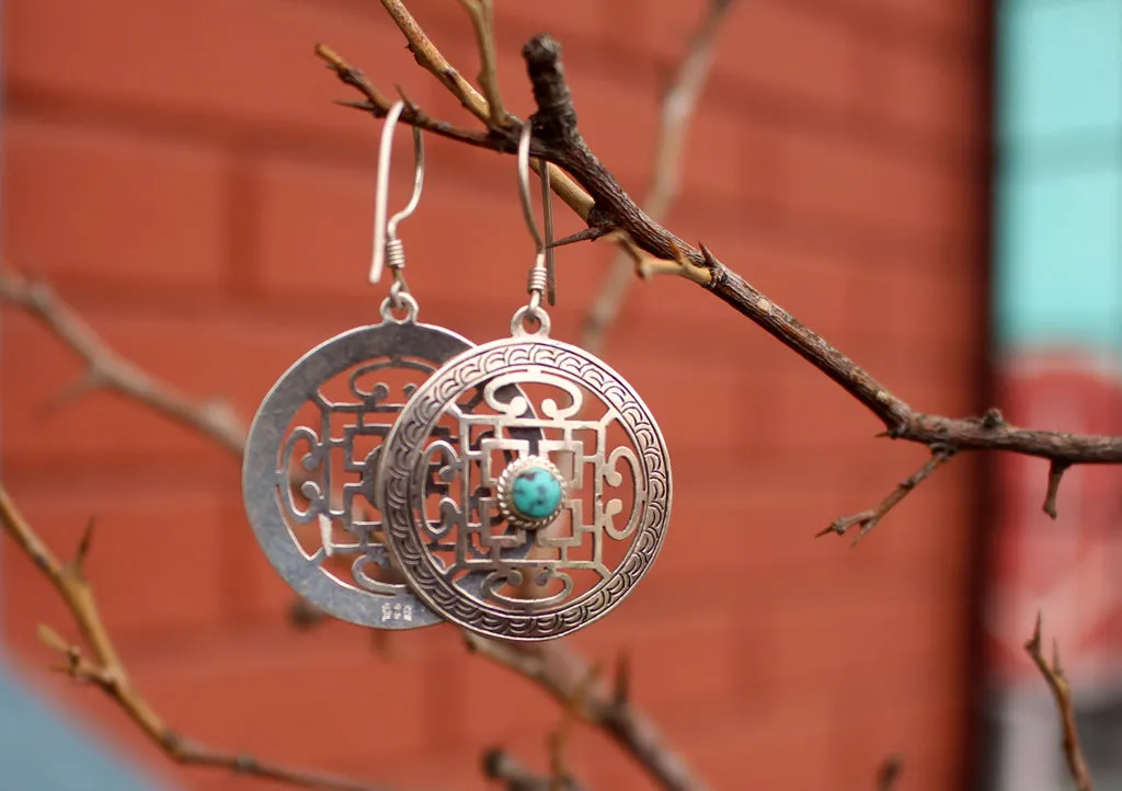 Tibetan Mandala Inlaid Turquoise Silver Sterling Earrings