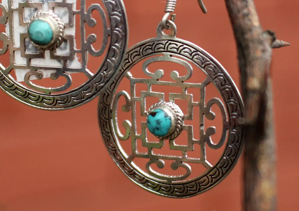 Tibetan Mandala Inlaid Turquoise Silver Sterling Earrings