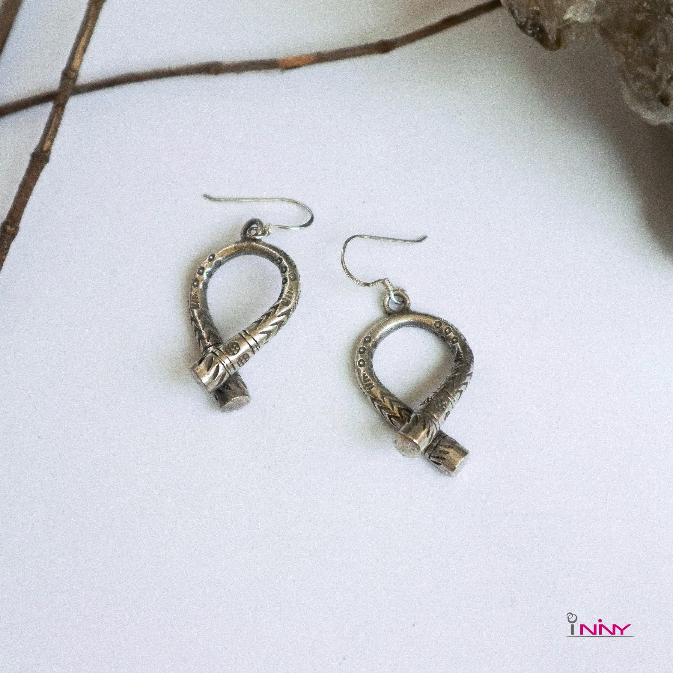 Tribal Silver Dangling pear-shape cross end Earrings