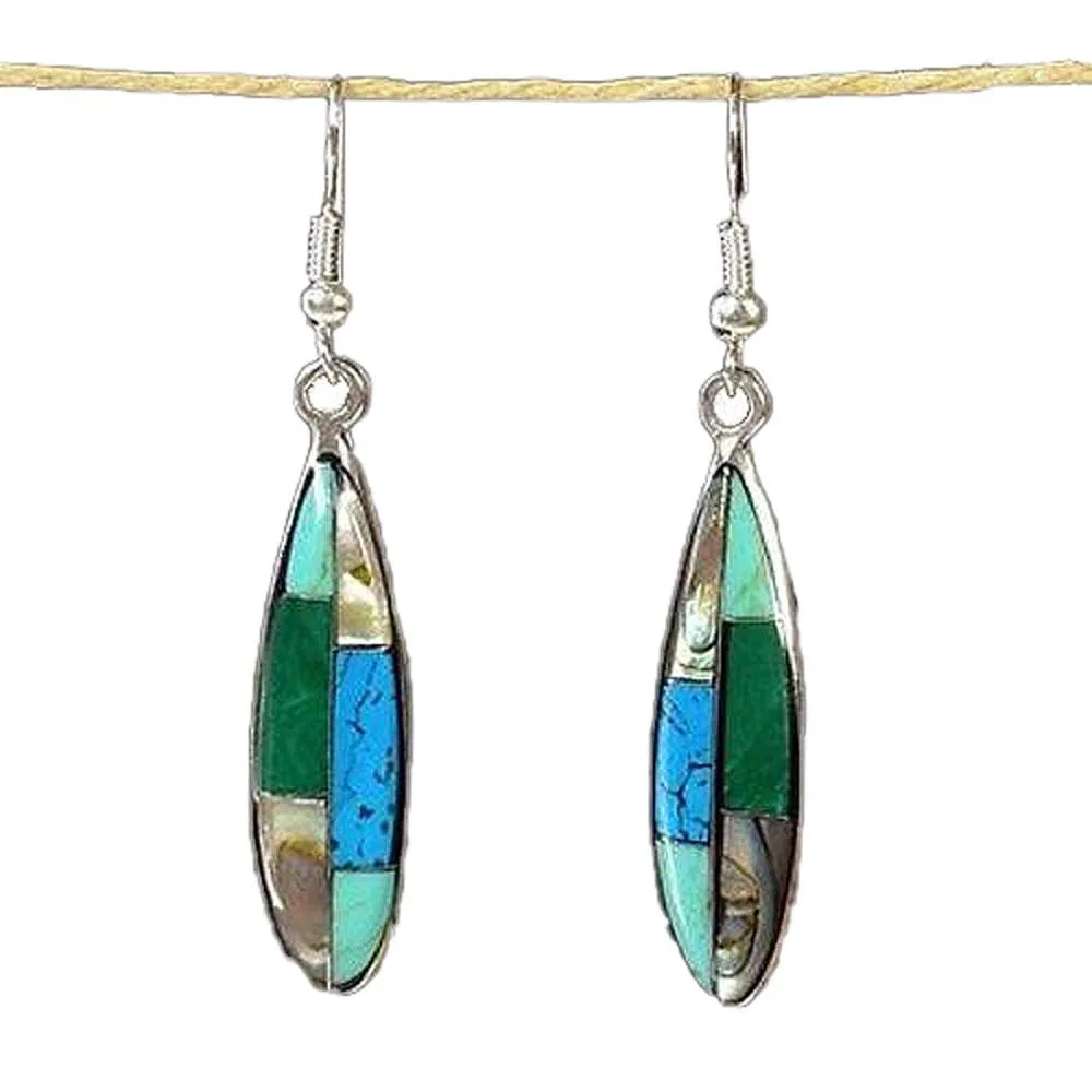 Turquoise Abalone Malachite Ellipse Alpaca Silver Earrings Artisana