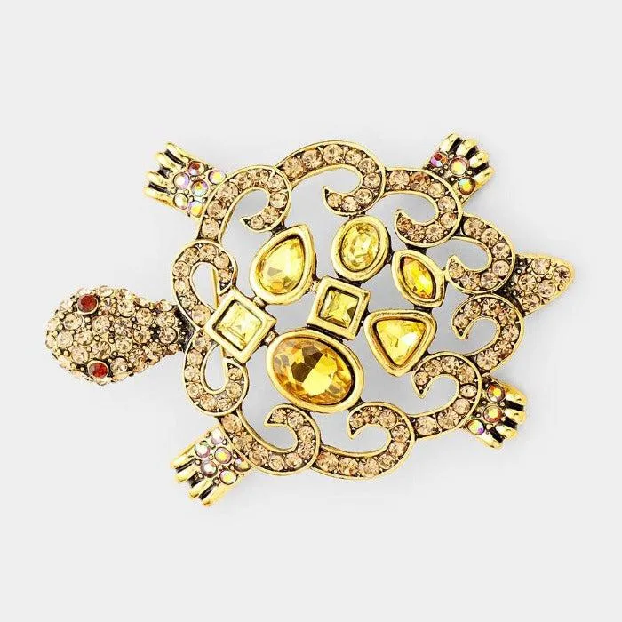 Turtle Lt. Colored Topaz Crystal Rhinestone Brooch / Pendant