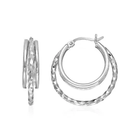 Two-Part Graduated Polished Textured Hoop Earrings in Sterling Silver