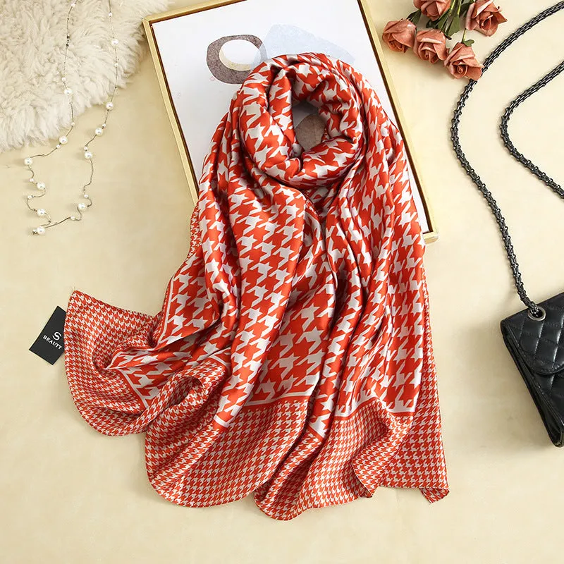 Vegan Silk scarf female classic wild houndstooth print long scarf holiday literary beach towel shawl