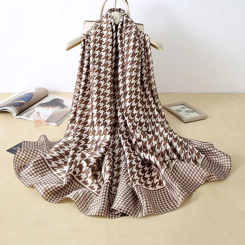 Vegan Silk scarf female classic wild houndstooth print long scarf holiday literary beach towel shawl