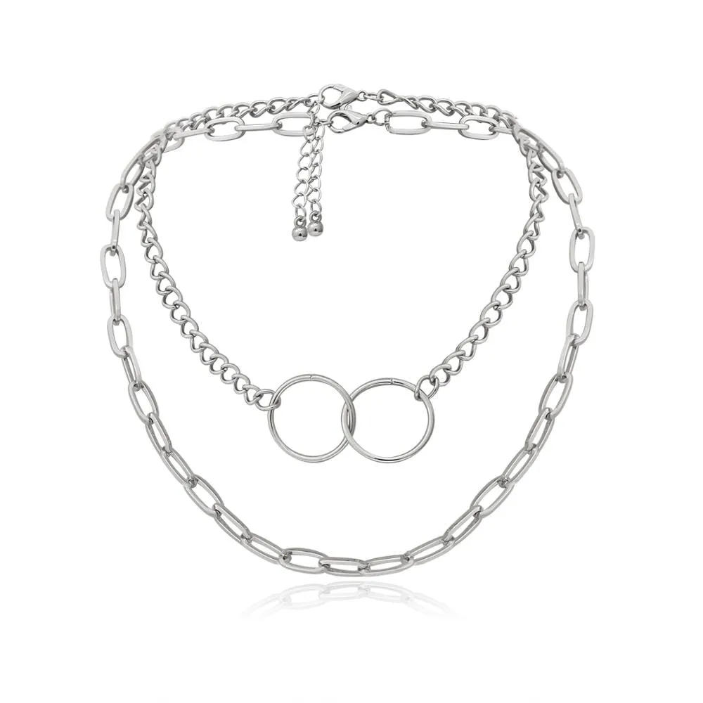 VenusFox Gothic Double Layered Thick Chunky Chain Choker Necklace Jewelry for Women Punk Hip Hop Double Circle Charm Necklace