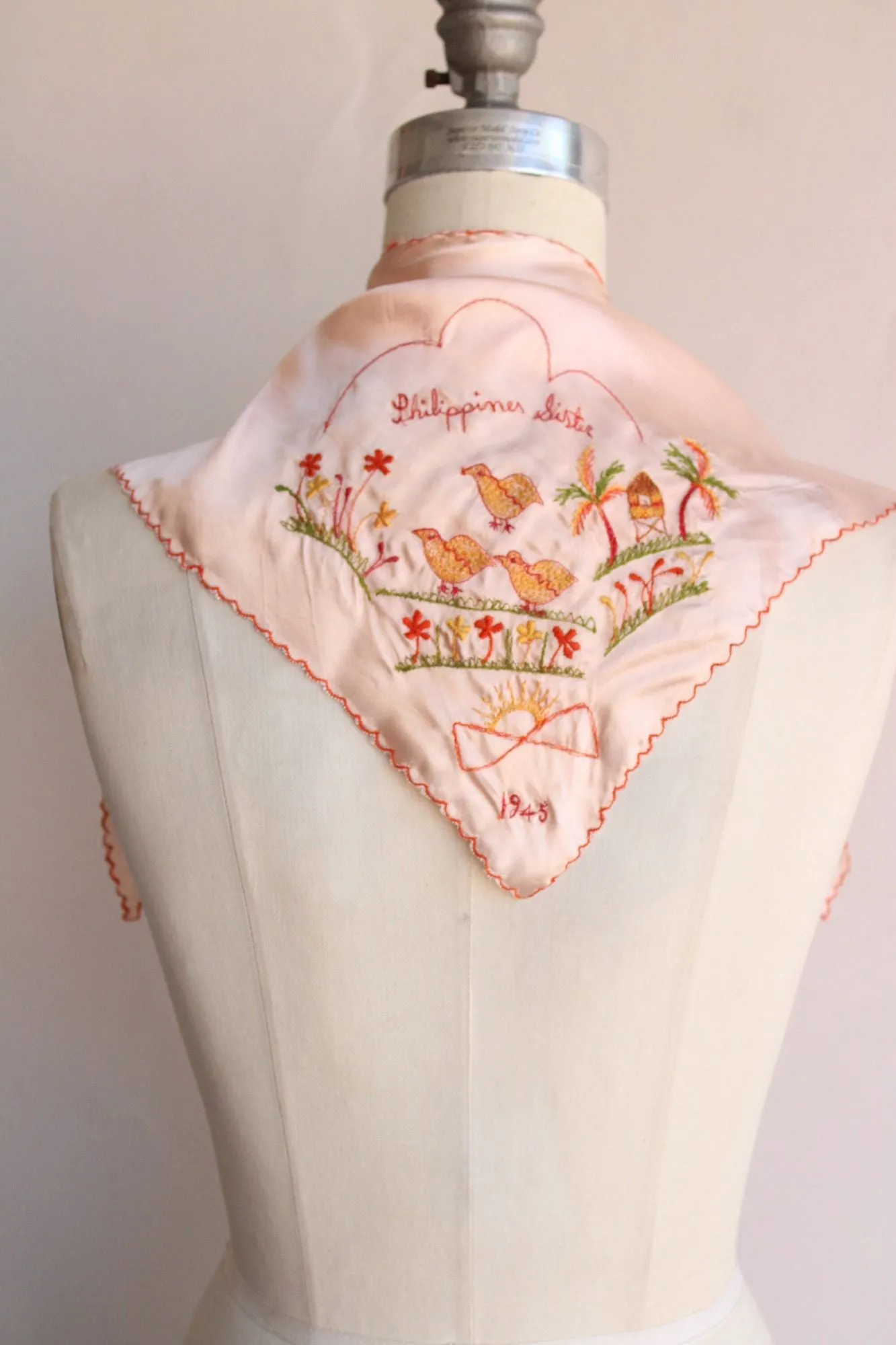 Vintage 1940s Pink Silk Scarf, Philippines Sister Embroidered Novelty Print