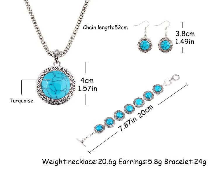 Vintage Anniversary Gift Fashion jewelry sets Vintage Silver Plated Chain Necklace Bracelets Turquoise drop earrings jewelry