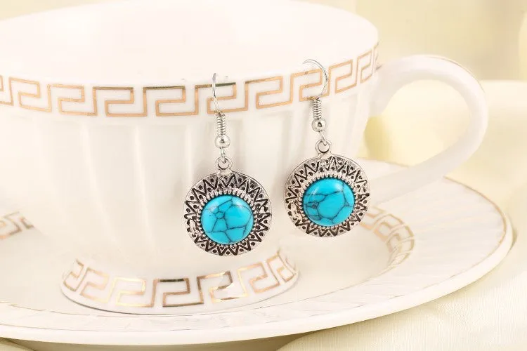 Vintage Anniversary Gift Fashion jewelry sets Vintage Silver Plated Chain Necklace Bracelets Turquoise drop earrings jewelry