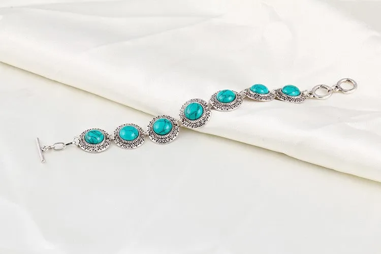 Vintage Anniversary Gift Fashion jewelry sets Vintage Silver Plated Chain Necklace Bracelets Turquoise drop earrings jewelry