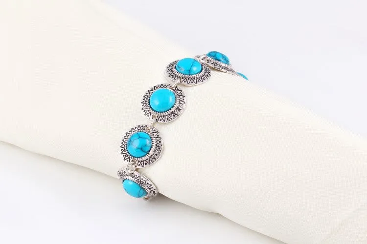 Vintage Anniversary Gift Fashion jewelry sets Vintage Silver Plated Chain Necklace Bracelets Turquoise drop earrings jewelry