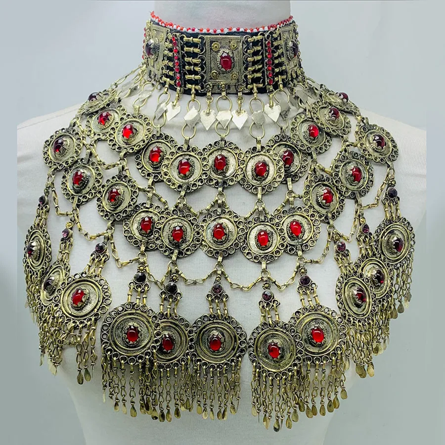 Vintage Oversized Necklace With Red Glass Stones