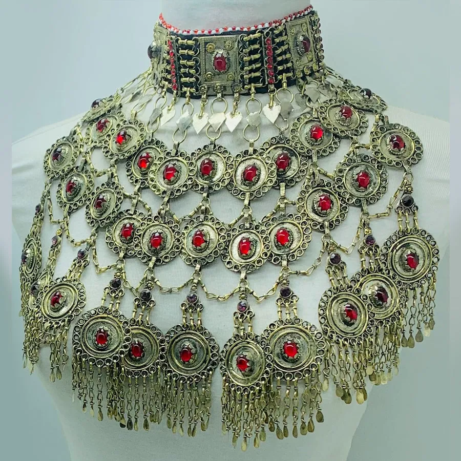 Vintage Oversized Necklace With Red Glass Stones