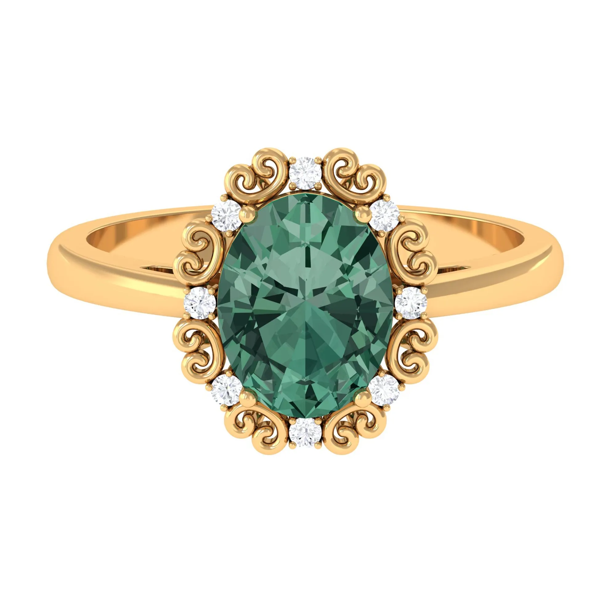 Vintage Style Lab Grown Green Sapphire Engagement Ring with Diamond