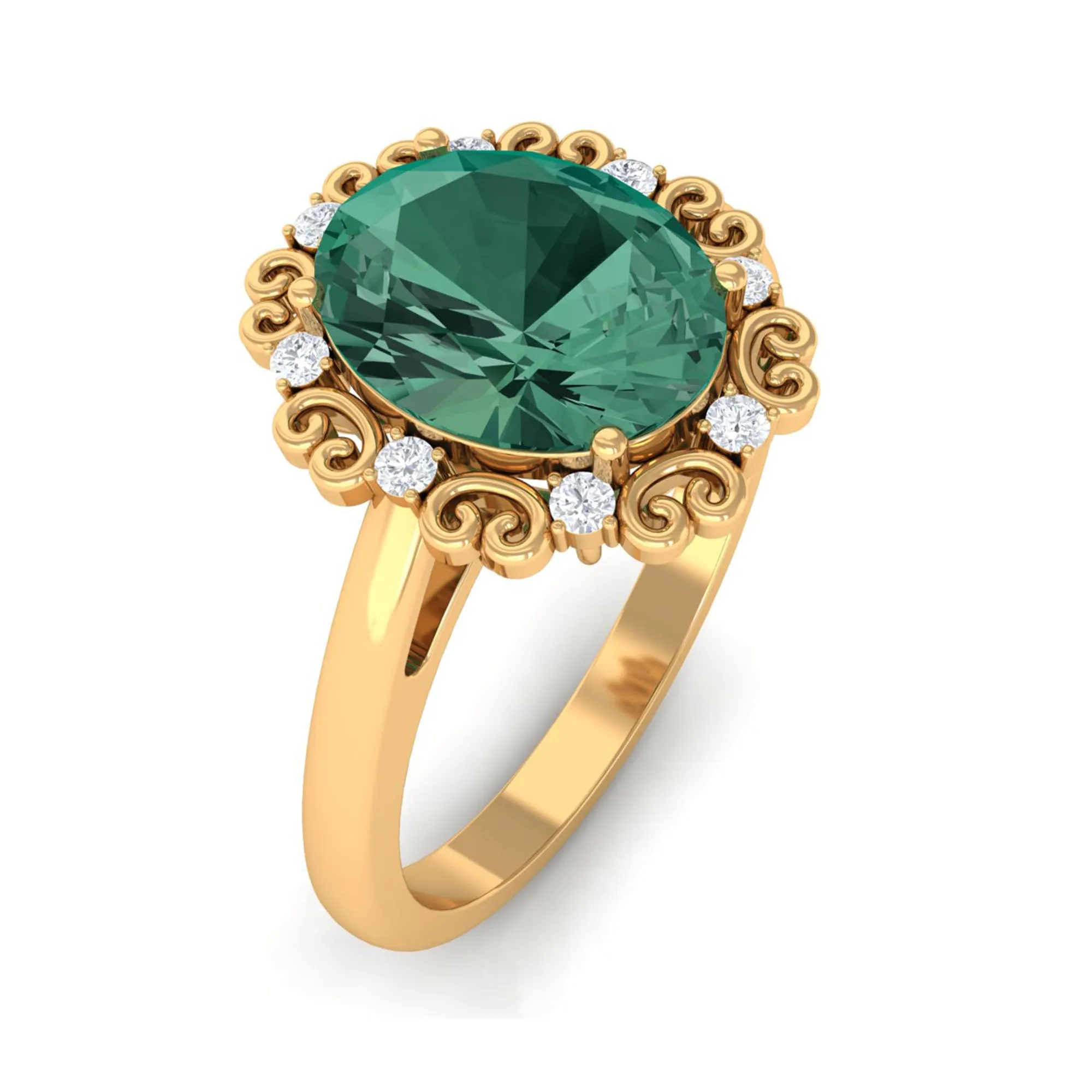 Vintage Style Lab Grown Green Sapphire Engagement Ring with Diamond