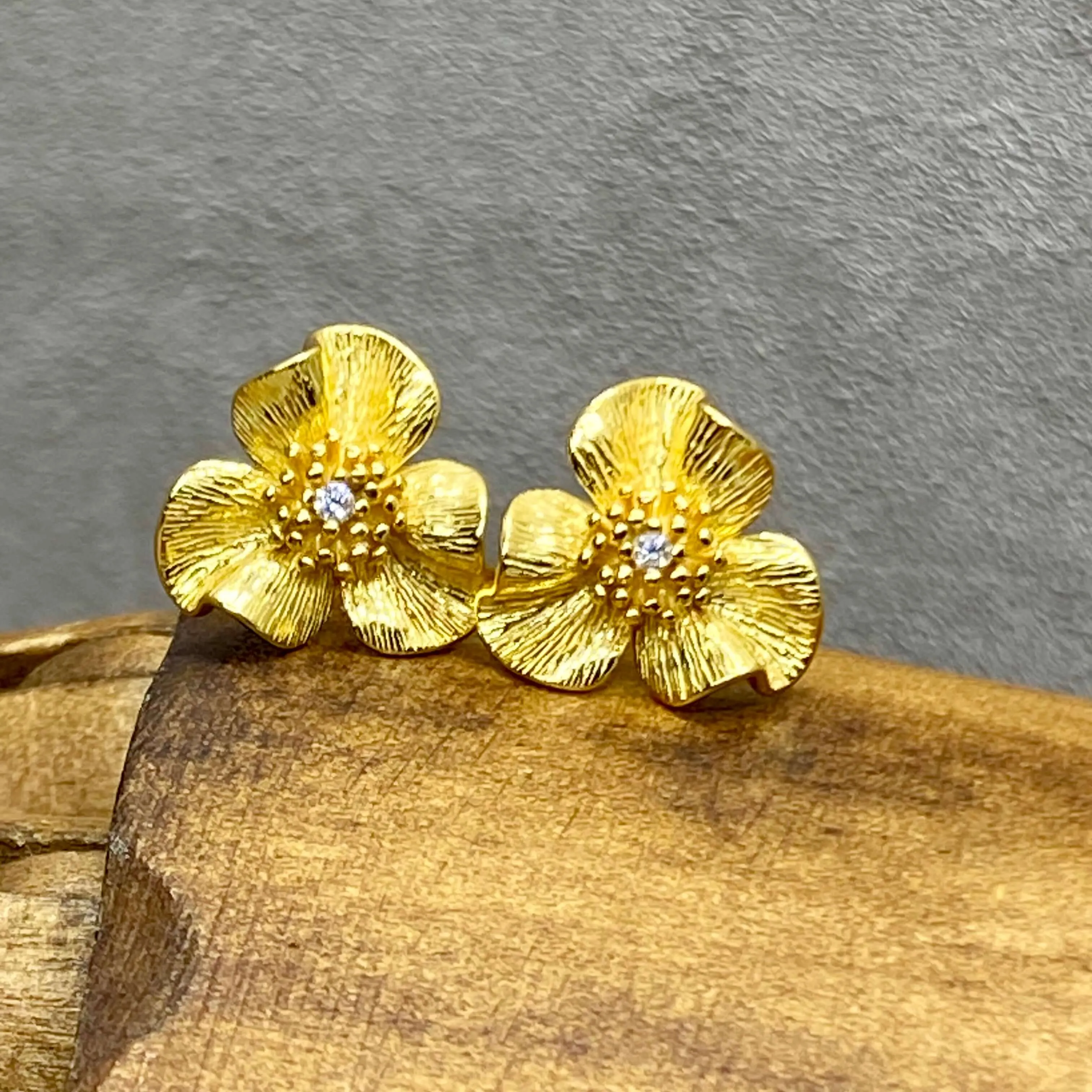 Viola Flower Stud Earrings In 18 Carat Gold Vermeil