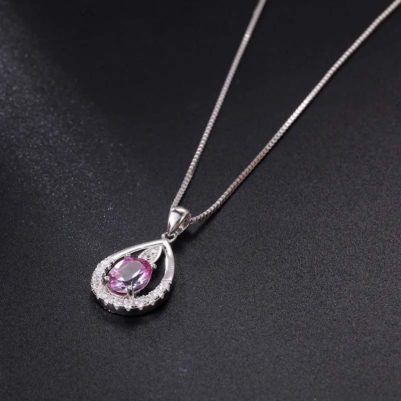 Water Droplet Pendant Oval Natural Gemstone Silver Necklace