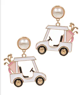 White Golf Cart & Club Earrings