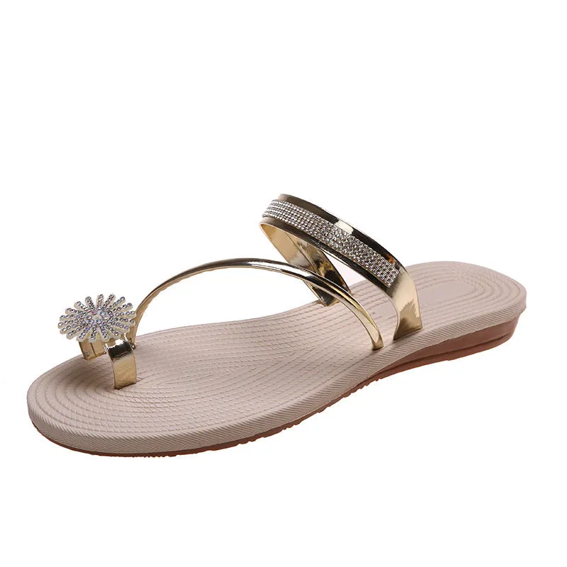 Women toe ring sandals rhinestone slip on sandals beach sandals