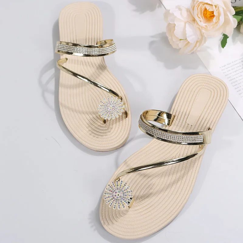 Women toe ring sandals rhinestone slip on sandals beach sandals