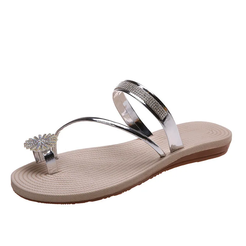 Women toe ring sandals rhinestone slip on sandals beach sandals