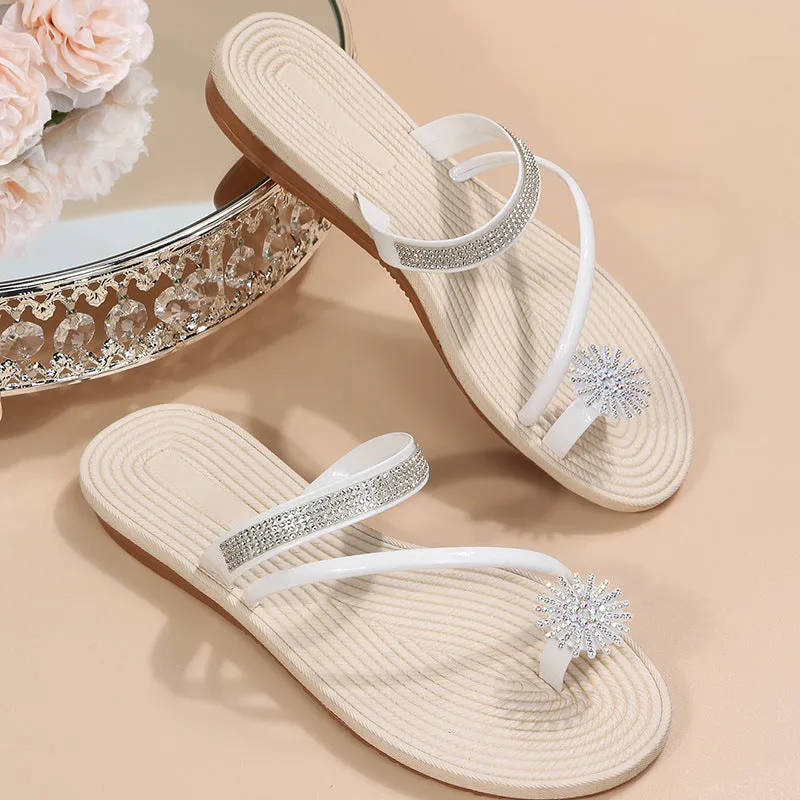 Women toe ring sandals rhinestone slip on sandals beach sandals