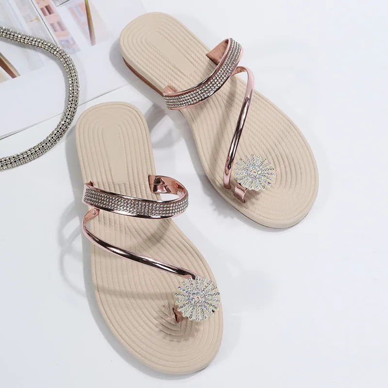 Women toe ring sandals rhinestone slip on sandals beach sandals