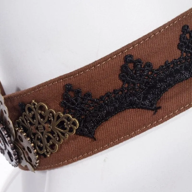 Women's Steampunk Gear Splice Floral Embroidered Choker