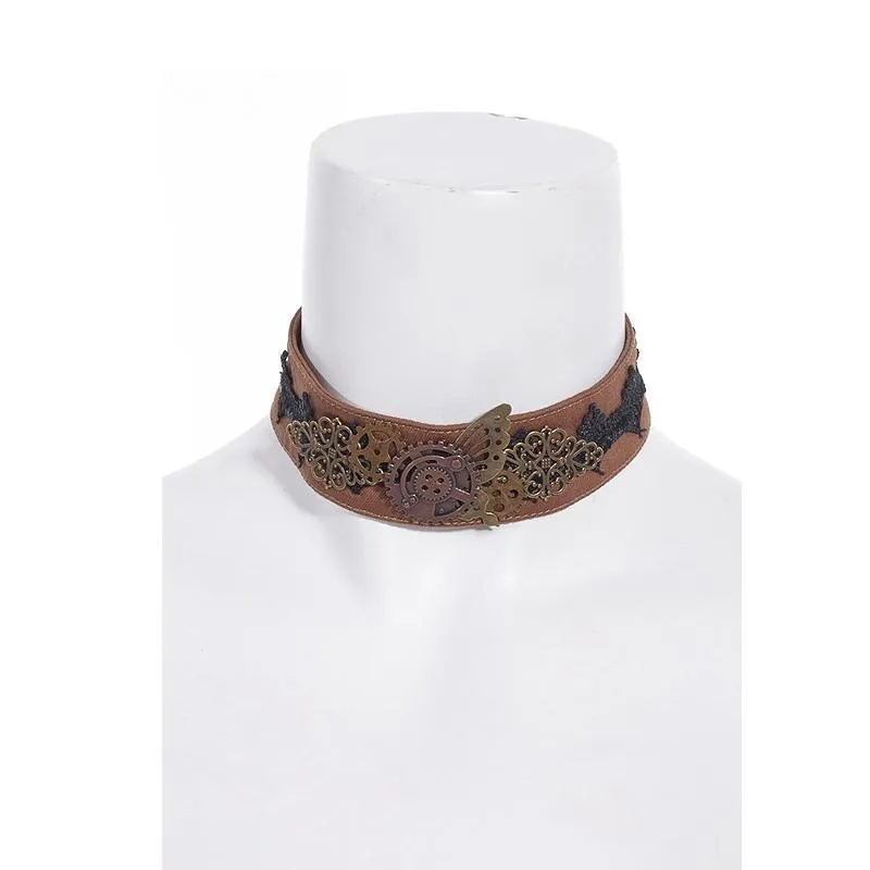 Women's Steampunk Gear Splice Floral Embroidered Choker