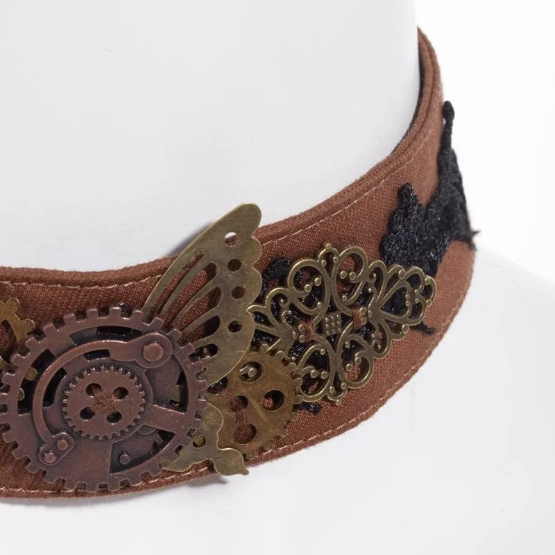 Women's Steampunk Gear Splice Floral Embroidered Choker