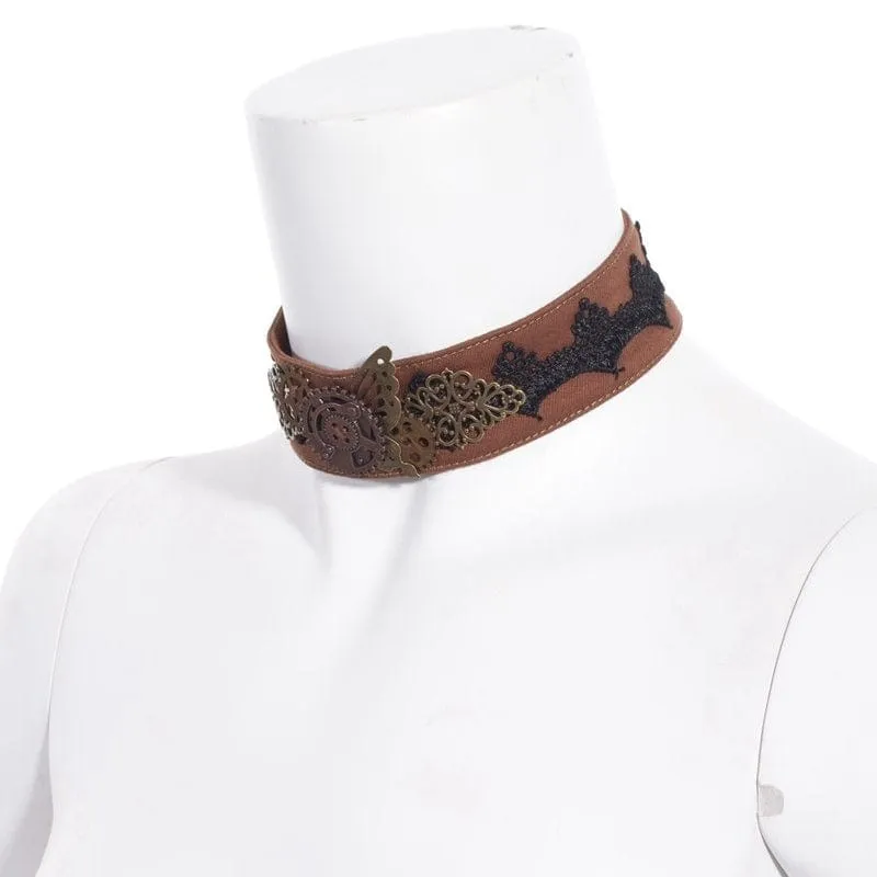 Women's Steampunk Gear Splice Floral Embroidered Choker