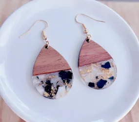 Wood with Black and White Resin Teardrop Earrings