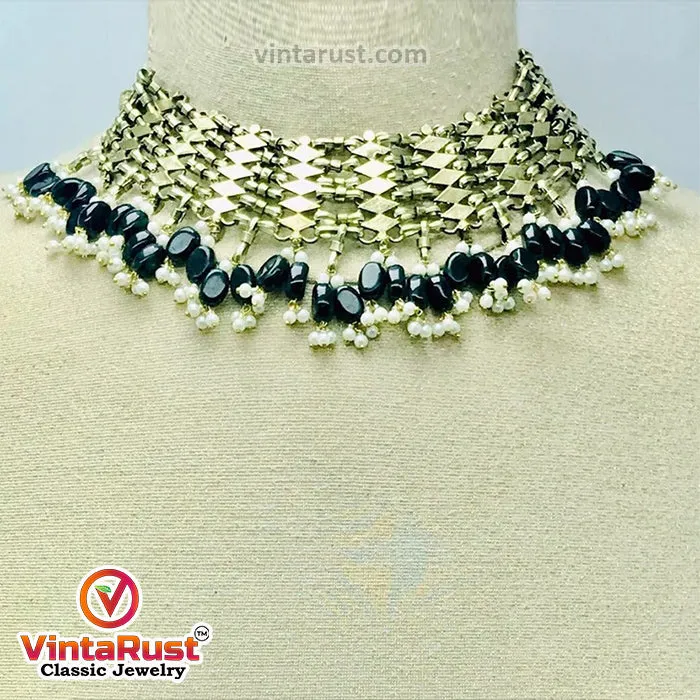 Woven Pearl Choker Necklace With Pearls and Beads