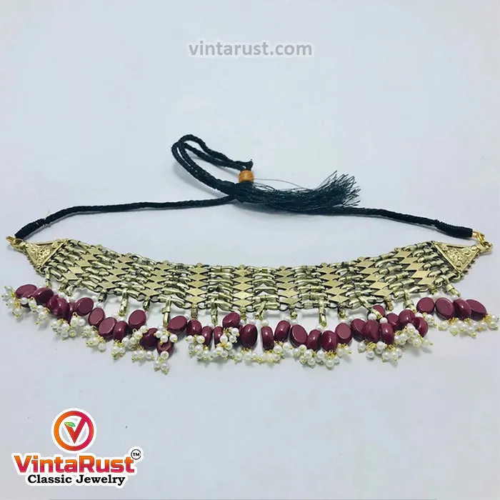 Woven Pearl Choker Necklace With Pearls and Beads