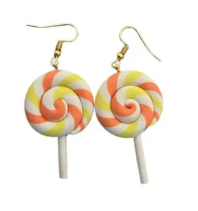 Yellow and Orange Swirl Lollipop Earrings | Creative Unique Colorful Rainbow Lollipop Dangle Earrings