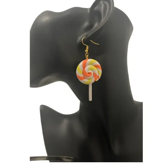 Yellow and Orange Swirl Lollipop Earrings | Creative Unique Colorful Rainbow Lollipop Dangle Earrings