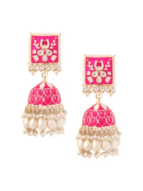 Yellow Chimes Meenakari Jhumka Earrings for Women Girls | Enamel Pink Jhumka Earring | Traditional Gold Plated Pearl Heavy Jhumki Earrings | Birthday Gift for Girls Anniversary Gift for Wife