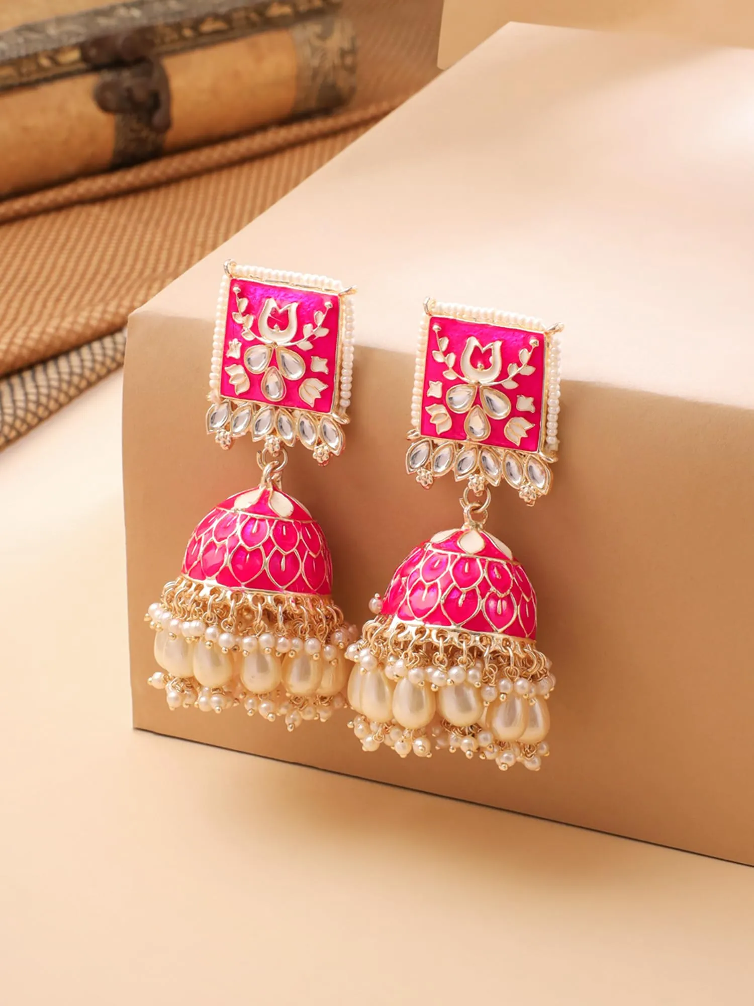 Yellow Chimes Meenakari Jhumka Earrings for Women Girls | Enamel Pink Jhumka Earring | Traditional Gold Plated Pearl Heavy Jhumki Earrings | Birthday Gift for Girls Anniversary Gift for Wife