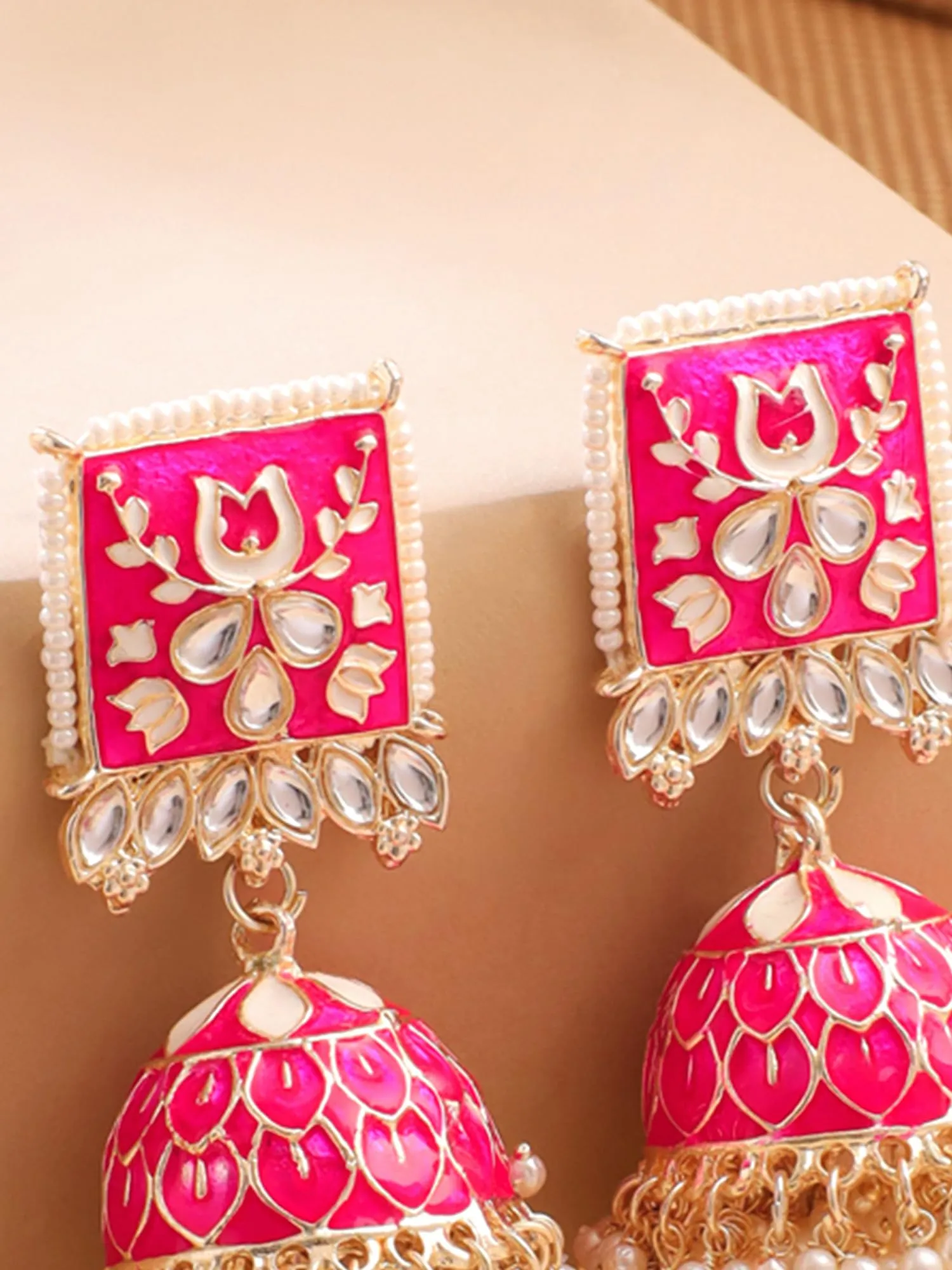 Yellow Chimes Meenakari Jhumka Earrings for Women Girls | Enamel Pink Jhumka Earring | Traditional Gold Plated Pearl Heavy Jhumki Earrings | Birthday Gift for Girls Anniversary Gift for Wife