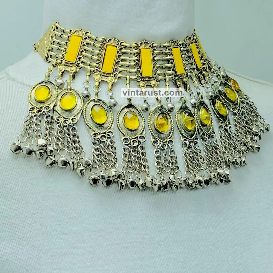 Yellow Stone Choker Necklace With Long Bells