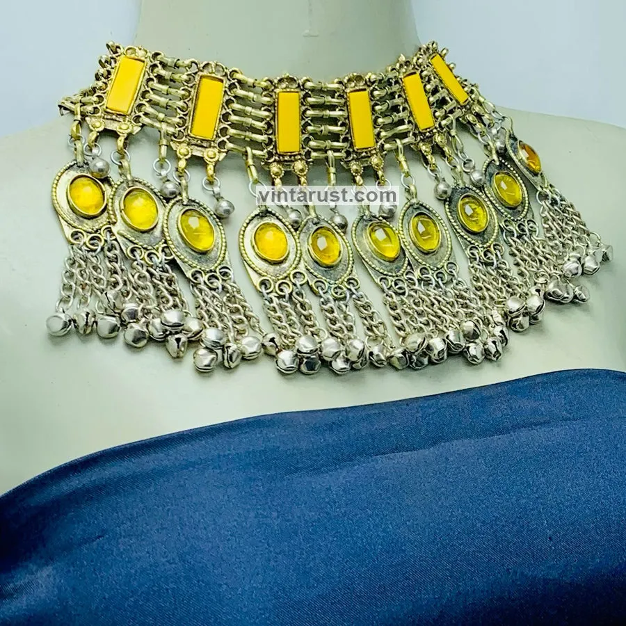 Yellow Stone Choker Necklace With Long Bells