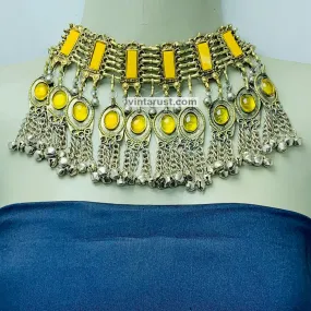 Yellow Stone Choker Necklace With Long Bells